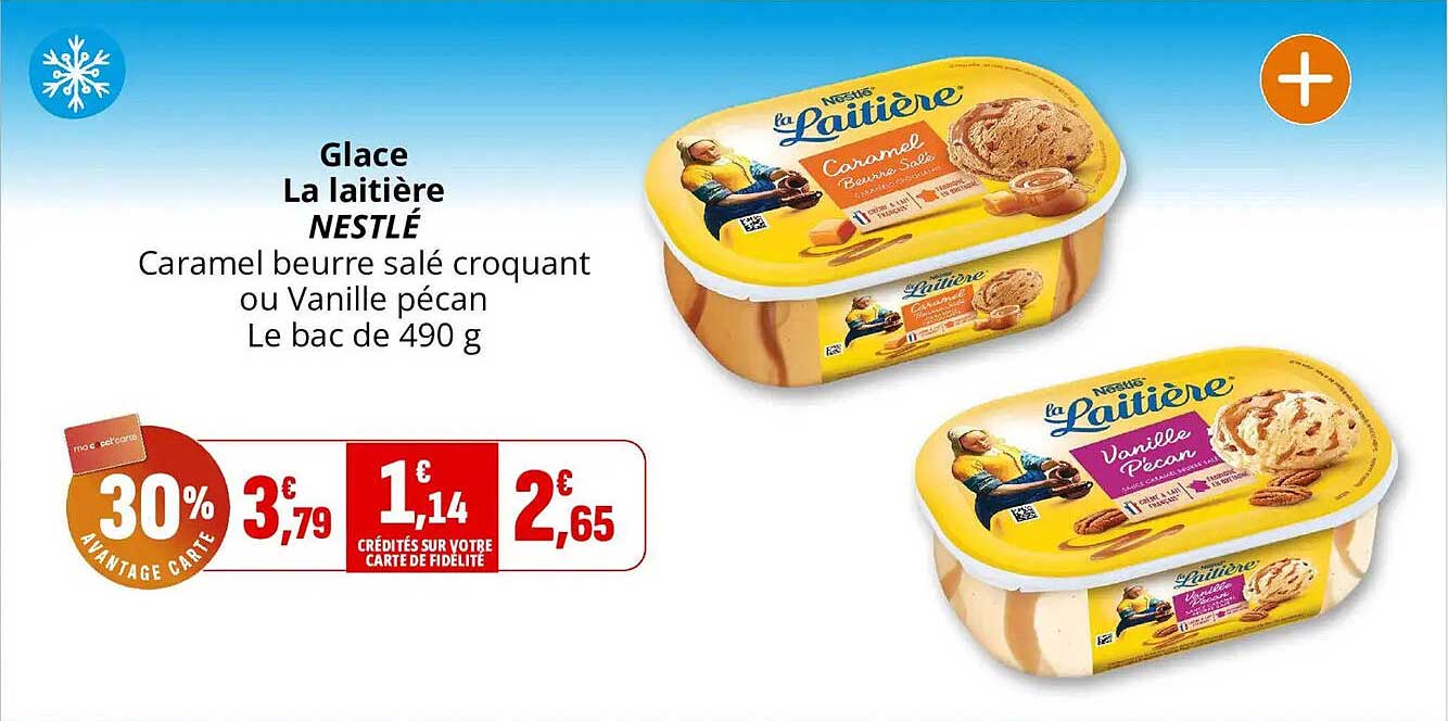 Glace La Laitière NESTLÉ Caramel beurre salé croquant ou Vanille pécan Le bac de 490 g