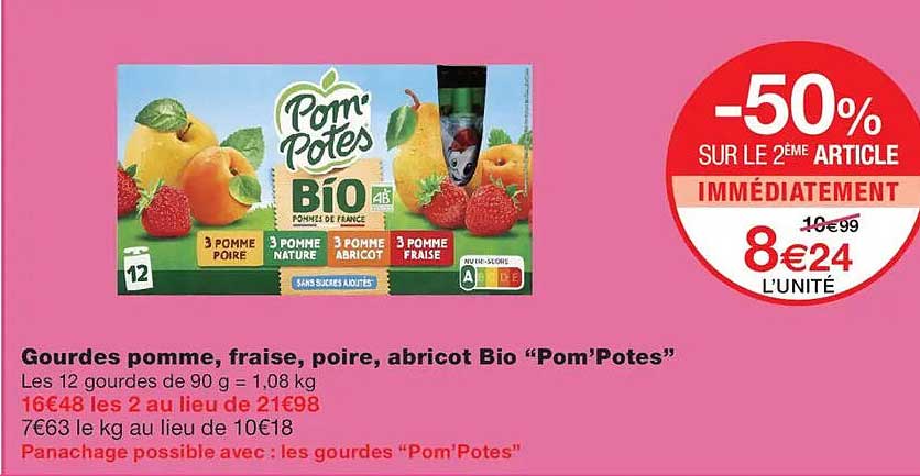 Gourdes pomme, fraise, poire, abricot Bio “Pom’Potes”