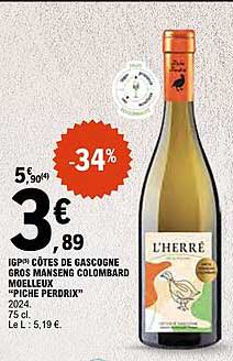 IGP CÔTES DE GASCOGNE GROS MANSENG COLLOMBARD MOELLEUX "PIQUE PERDRIX"