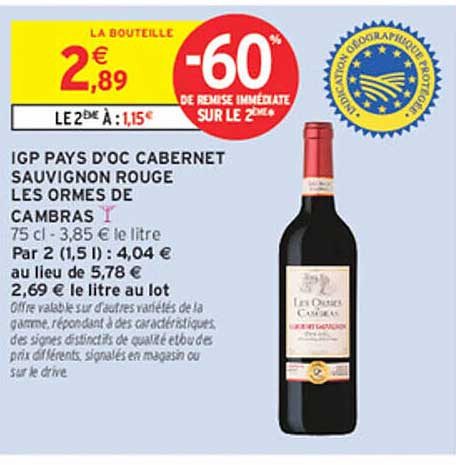 IGP PAYS D'OC CABERNET SAUVIGNON ROUGE LES ORMES DE CAMBRAS