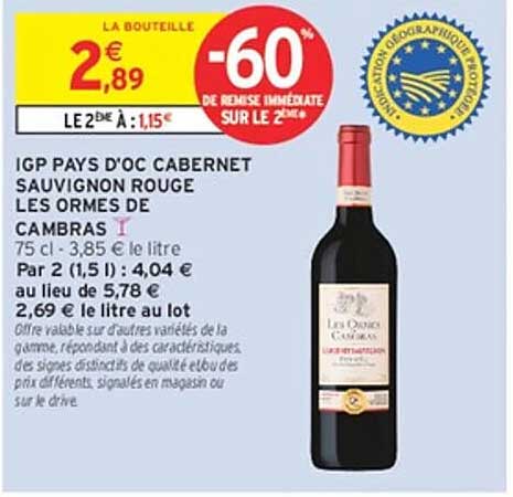 IGP PAYS D'OC CABERNET SAUVIGNON ROUGE LES ORMES DE CAMBRAS