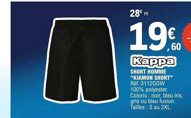 Kappa SHORT HOMME “KIAMON SHORT” Réf. 3112GGW 100% polyester. Coloris : noir, bleu iris, gris ou bleu fusion. Tailles : S au 2XL.