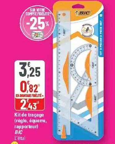Kit de traçage (règle, équerre, rapporteur) BIC l’étui