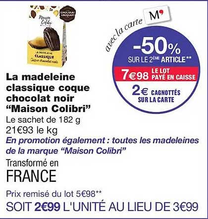 La madeleine classique coque chocolat noir “Maison Colibri”