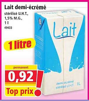 Lait demi-écrémé stérilisé U.H.T. 1,5% M.G., 1 l