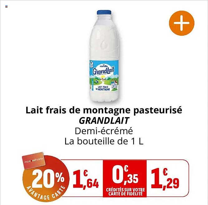 Lait frais de montagne pasteurisé GRANDLAIT Demi-écrémé La bouteille de 1 L