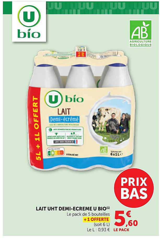 LAIT UHT DEMI-ECREME U BIO(1)