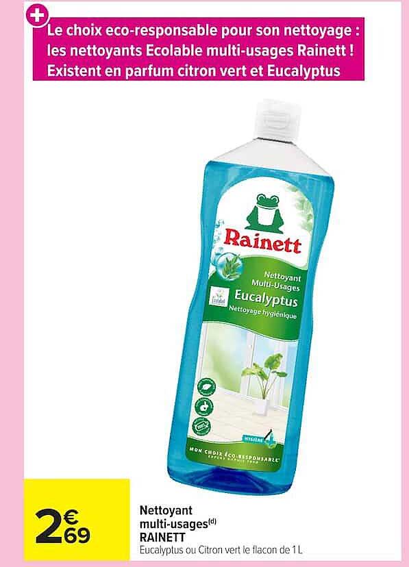 Le choix eco-responsable pour son nettoyage : les nettoyants Ecolabel multi-usages Rainett ! Existent en parfum citron vert et Eucalyptus