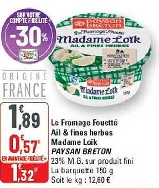Le Fromage Fouetté Ail & fines herbes Madame Loïk PAYSAN BRETON