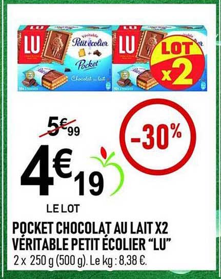 LE LOT POCKET CHOCOLAT AU LAIT X2 VÉRITABLE PETIT ÉCOLIER “LU”