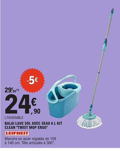 L'ENSEMBLE BALAI LAVE SOL AVEC SEAU 6 L KIT "TWIST MOP ERGO" LEIFHEIT
