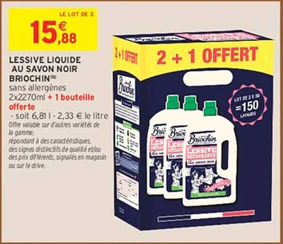 LESSIVE LIQUIDE AU SAVON NOIR BRIOCHIN sans allergènes 2x2270ml + 1 bouteille offerte