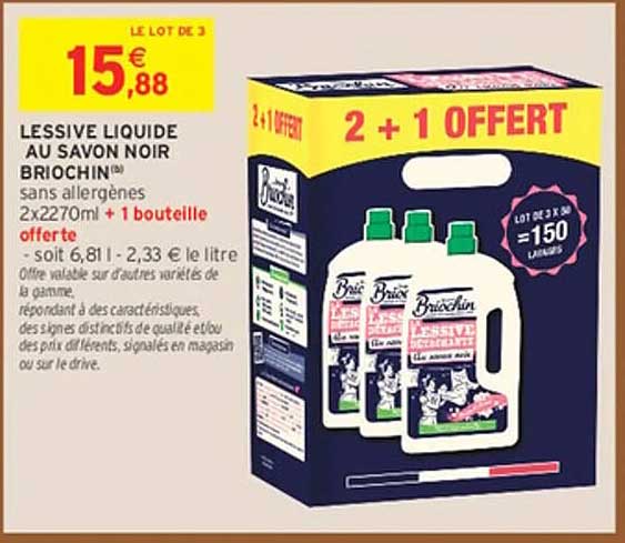 LESSIVE LIQUIDE AU SAVON NOIR BRIOCHIN® sans allergènes 2x2270ml + 1 bouteille offerte