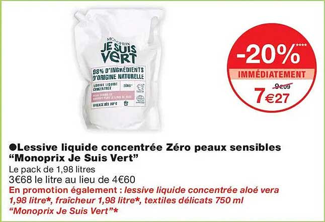 Lessive liquide concentrée Zéro peaux sensibles “Monoprix Je Suis Vert”