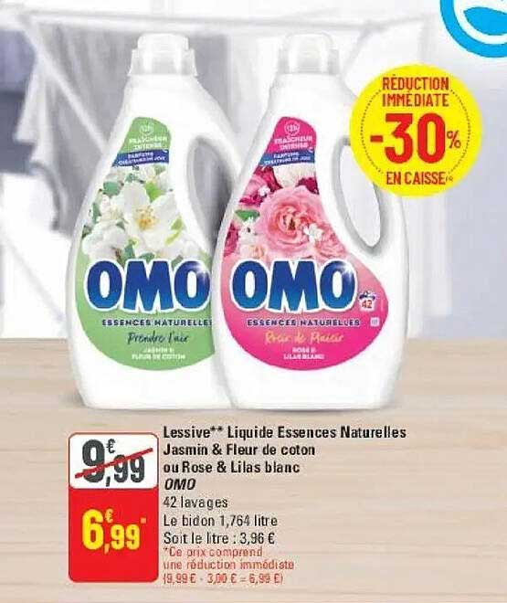 Lessive liquide Essences Naturelles Jasmin & Fleur de coton ou Rose & Lilas blanc OMO