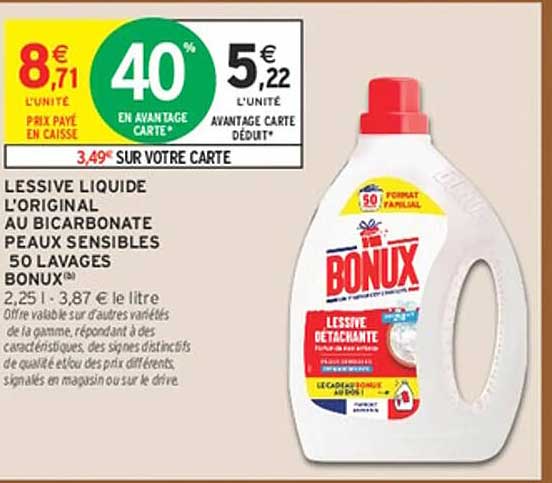 LESSIVE LIQUIDE L'ORIGINAL AU BICARBONATE PEAUX SENSIBLES 50 LAVAGES BONUX