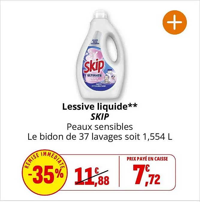 Lessive liquide** SKIP Peaux sensibles Le bidon de 37 lavages soit 1,554 L