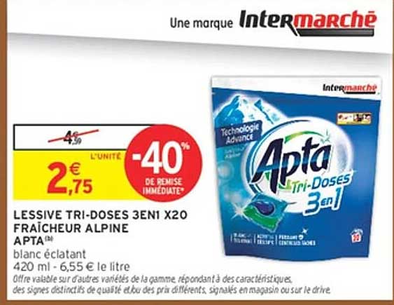 LESSIVE TRI-DOSES 3EN1 X20 FRAÎCHEUR ALPINE APTA