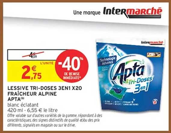 LESSIVE TRI-DOSES 3EN1 X20 FRAÎCHEUR ALPINE APTA
