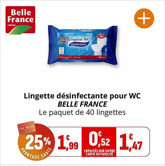 Lingette désinfectante pour WC BELLE FRANCE Le paquet de 40 lingettes