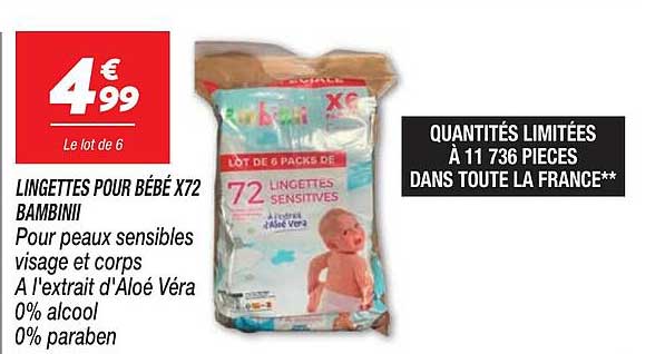 LINGETTES POUR BÉBÉ X72 BAMBINI Pour peaux sensibles visage et corps A l'extrait d'Aloé Véra 0% alcool 0% paraben