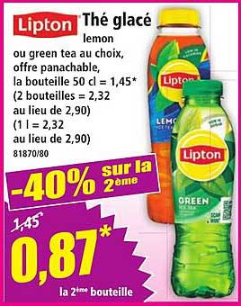 Lipton Thé glacé lemon ou green tea au choix, offre panachable, la bouteille 50 cl = 1,45* (2 bouteilles = 2,32 au lieu de 2,90) (1 l = 2,32 au lieu de 2,90)
