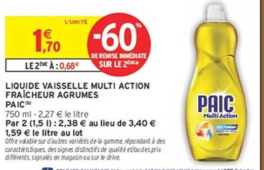 LIQUIDE VAISSELLE MULTI ACTION FRAICHEUR AGRUMES PAIC 750 ml