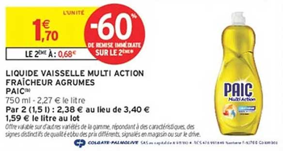 LIQUIDE VAISSELLE MULTI ACTION FRAÎCHEUR AGRUMES PAIC
