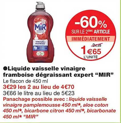 Liquide vaisselle vinaigre framboise dégraissant expert “MIR”