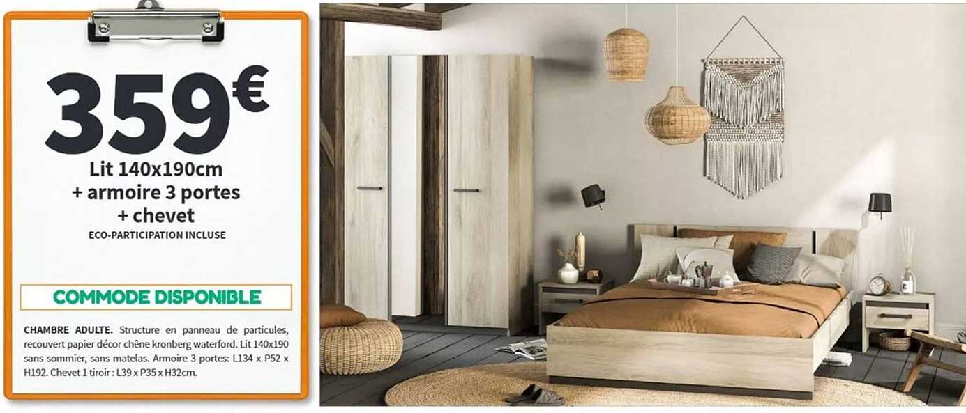Lit 140x190cm + armoire 3 portes + chevet