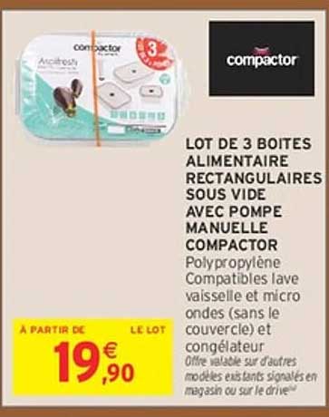 LOT DE 3 BOITES ALIMENTAIRE RECTANGULAIRES SOUS VIDE AVEC POMPE MANUELLE COMPACTOR