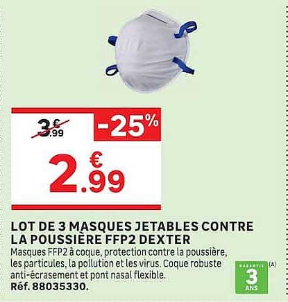 LOT DE 3 MASQUES JETABLES CONTRE LA POUSSIERE FFP2 DEXTER