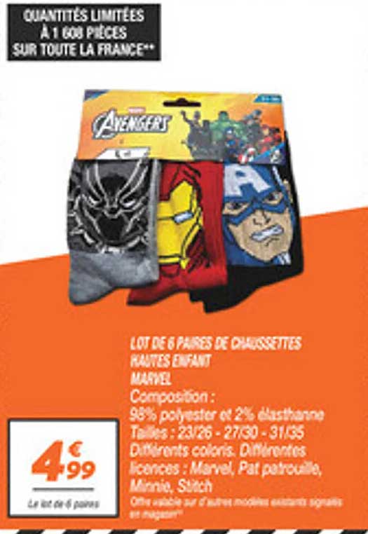 LOT DE 6 PAIRES DE CHAUSSETTES HAUTES ENFANT MARVEL