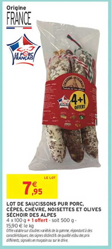 LOT DE SAUCISSONS PUR PORC, CÈPES, CHÈVRE, NOISETTES ET OLIVES SÉCHOIR DES ALPES