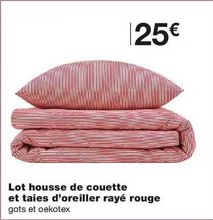 Lot housse de couette et taies d’oreiller rayé rouge