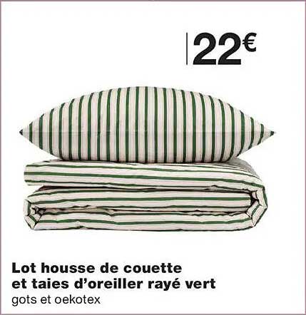 Lot housse de couette et taies d’oreiller rayé vert