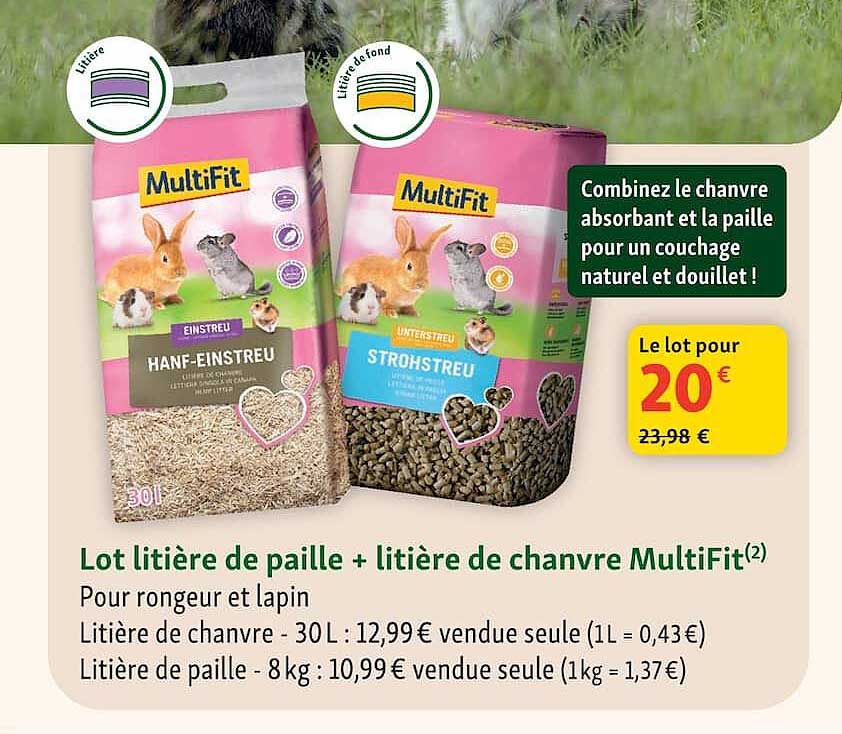 Lot litière de paille + litière de chanvre MultiFit