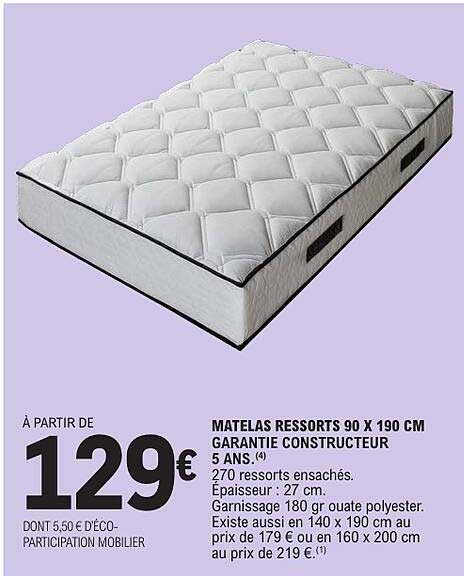 MATELAS RESSORTS 90 X 190 CM GARANTIE CONSTRUCTEUR 5 ANS.