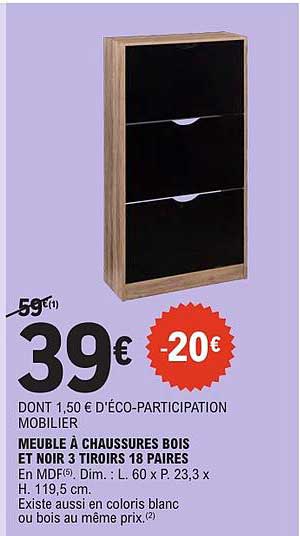 MEUBLE À CHAUSSURES BOIS ET NOIR 3 TIROIRS 18 PAIRES