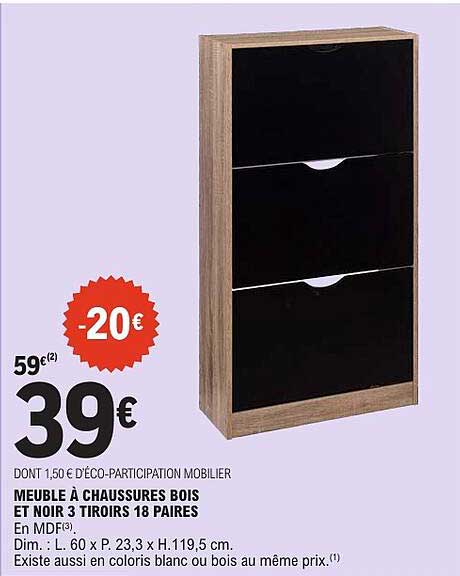 MEUBLE À CHAUSSURES BOIS ET NOIR 3 TIROIRS 18 PAIRES EN MDF(3)