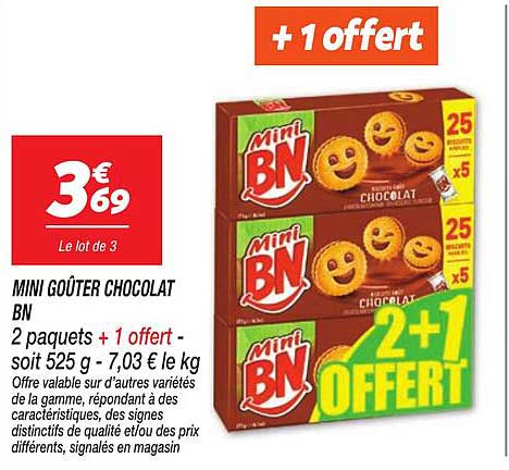 MINI GOÛTER CHOCOLAT BN 2 paquets + 1 offert - soit 525 g