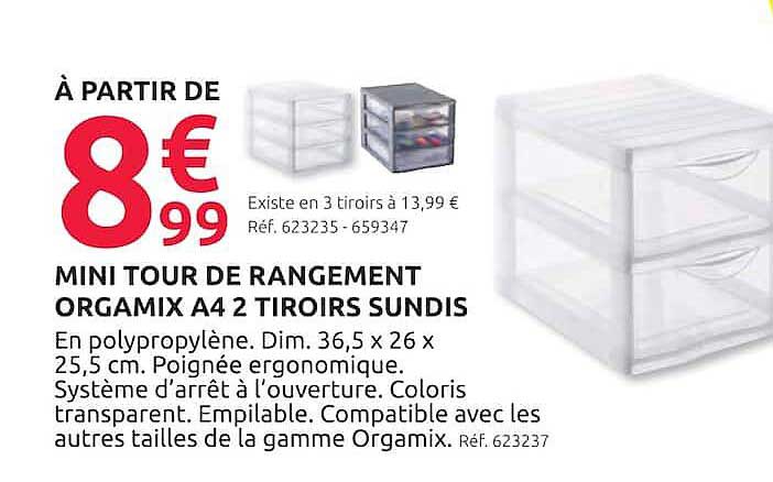 MINI TOUR DE RANGEMENT ORGAMIX A4 2 TIROIRS SUNDIS