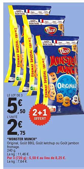 MONSTER MUNCH Original, Goût BBQ, Goût ketchup ou Goût jambon format. 240 g.