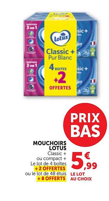 MOUCHOIRS LOTUS Classic + ou compact + Le lot de 4 boîtes + 2 OFFERTES ou le lot de 48 étuis + 8 OFFERTS