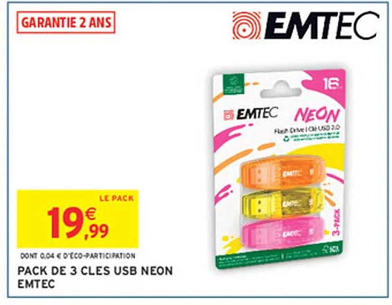 PACK DE 3 CLÉS USB NEON EMTEC