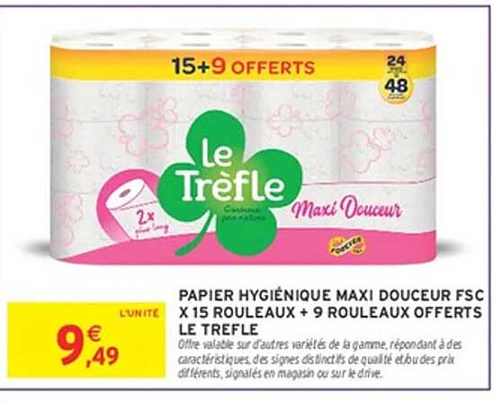 PAPIER HYGIÉNIQUE MAXI DOUCEUR FSC X 15 ROULEAUX + 9 ROULEAUX OFFERTS LE TREFLE