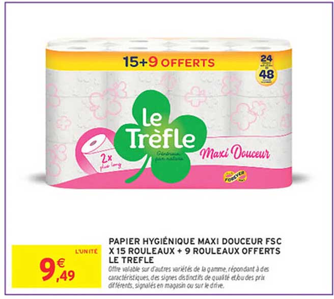 PAPIER HYGIÉNIQUE MAXI DOUCEUR FSC X 15 ROULEAUX + 9 ROULEAUX OFFERTS LE TRÈFLE