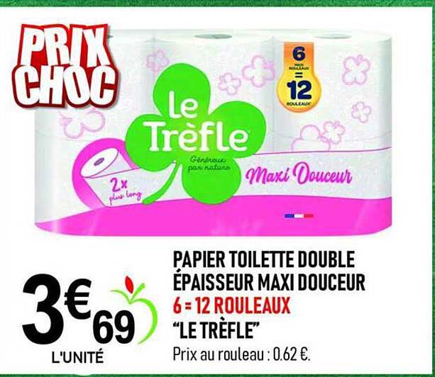 PAPIER TOILETTE DOUBLE ÉPAISSEUR MAXI DOUCEUR 6 = 12 ROULEAUX “LE TRÈFLE”