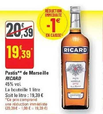 Pastis** de Marseille RICARD 45% vol. La bouteille 1 litre
