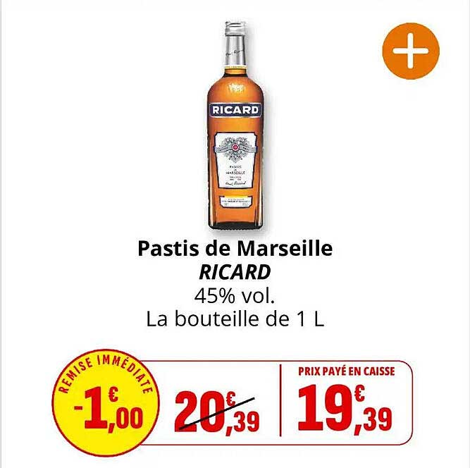 Pastis de Marseille RICARD 45% vol. La bouteille de 1 L